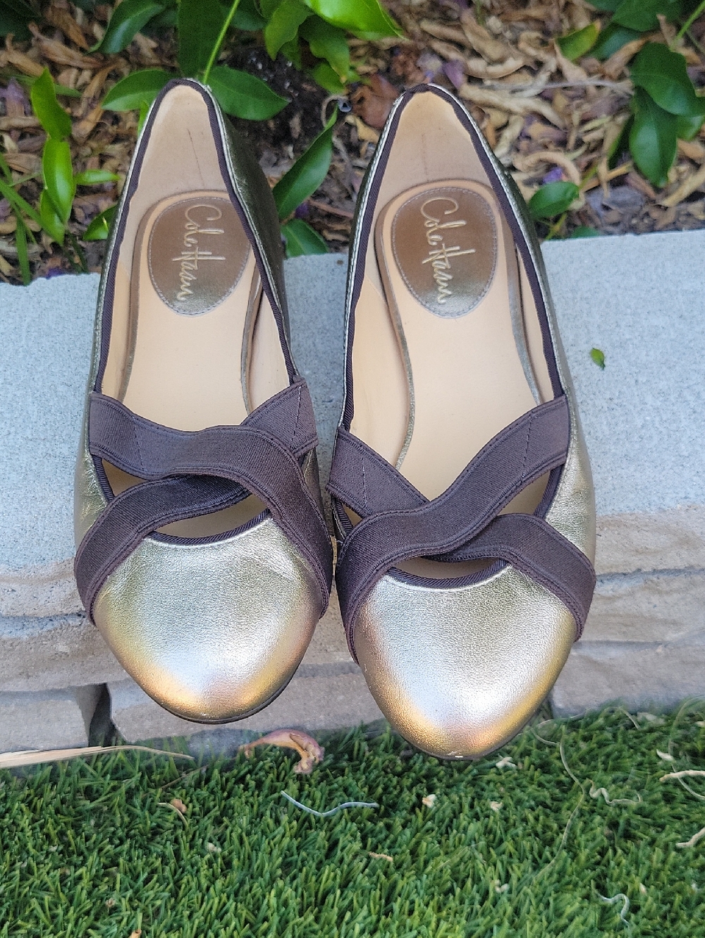 Cole Haan Metallic and Brown Ballet Flats Criss Cross Pattern Toe SZ 7